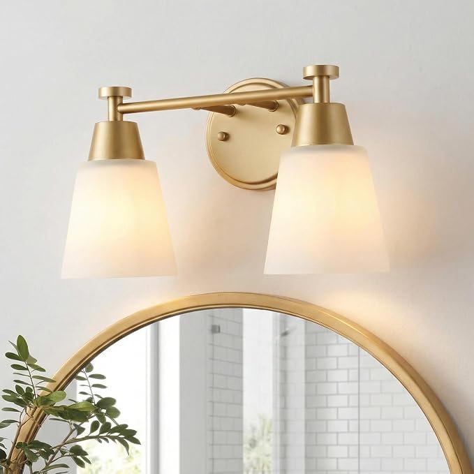 2 Light BathroomVanity Lights, Brushed Gold Wall Sconce Light with Frosted Glass, Bathroom Over Mirror Light Fixtures for Living Room, Bedroom, Hallway