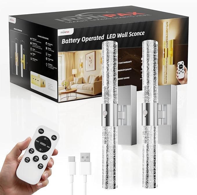 IRONPAX Wall Sconces Battery Operated Set of 2, Wireless Rechargeable Wall Sconce Set of Two, Dimmable Wall Lights with Remote for Bedroom Living Room Hallway Decor (Chrome, Bubble Crystal)