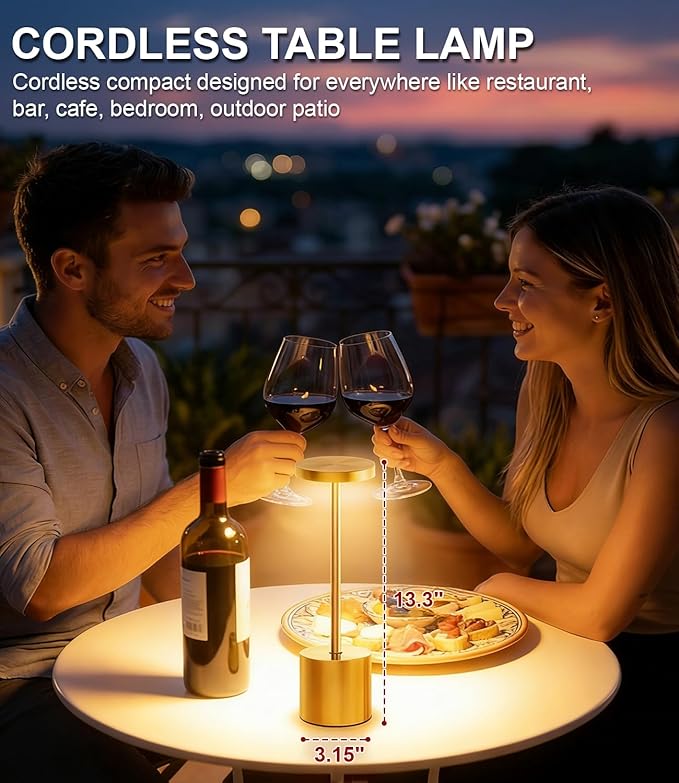 Swinerton Cordless Table Lamp Set of 2, Gold 5000mAh Rechargeable Battery Operated Lamps, Wireless 3 Color Dimmable Touch Lamp Table Light for Restaurant Dining Patio Outdoor, Home Decor