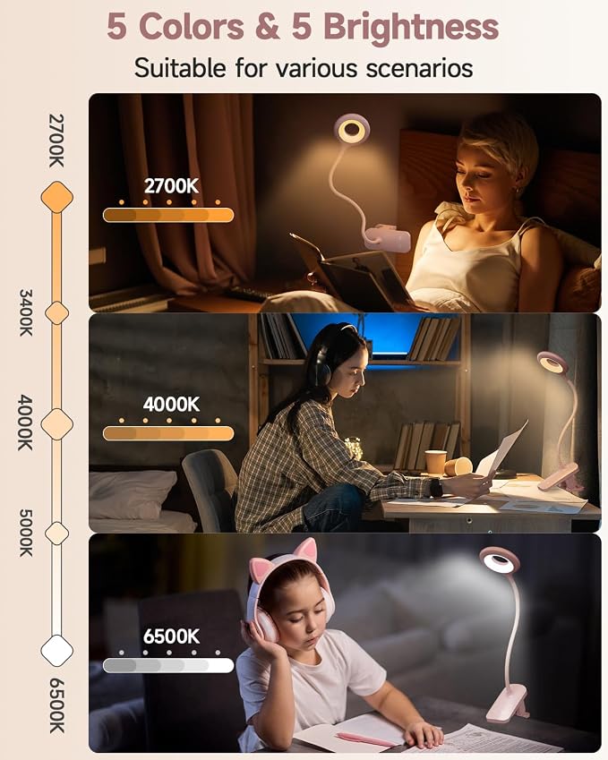 CUHIOY Rechargeable Clip on Reading Light for Bed Headboard, Pink, 1 Pack | Large Clamp Flexible Neck, Battery Desk Lamp, 5 Color 5 Brightness Touch Control, Flicker-Free LED Bedside Night Light