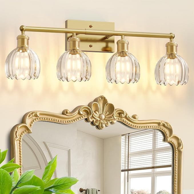 4 Light 27.2 in Bathroom Vanity Light,Rustic Brass Bathroom Lighting Fixtures Over Mirror, Vintage Vanity Mirror Lights Clear Tulip Glass Wall Sconce for Living Room,Bedroom,Hallway,E26 Base