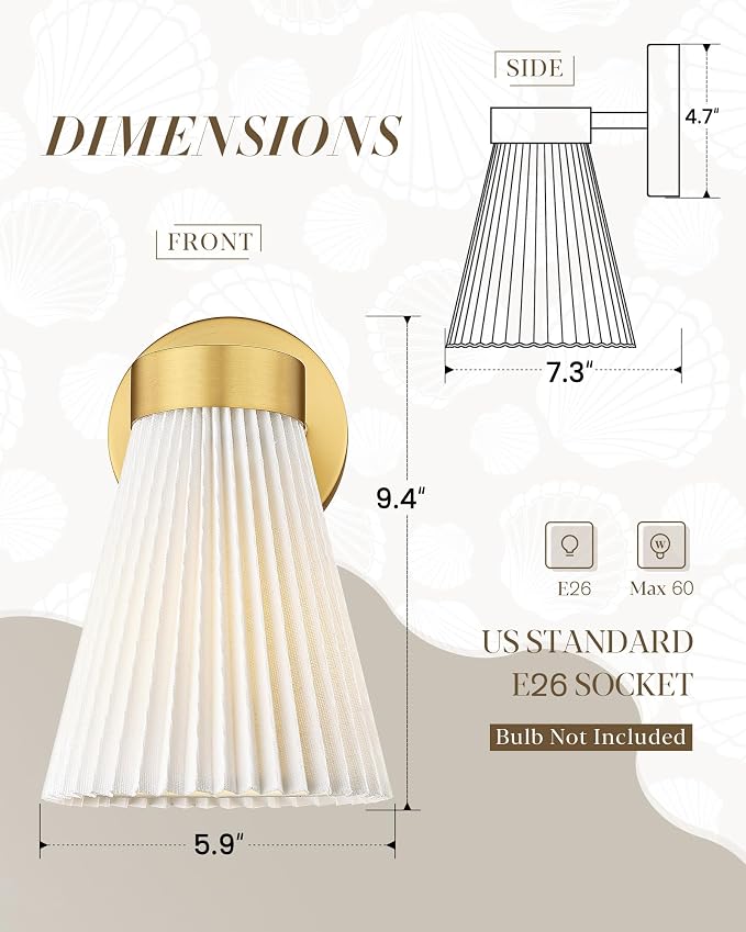 Fabric Bathroom Light Fixture, HWH 1-Light Sconce Wall Lighting with Milk White Striped Fabric Shade, Brushed Gold Finish, Modern Vanity Lights for Bathroom Bedroom, 5HZG97B BG-FB