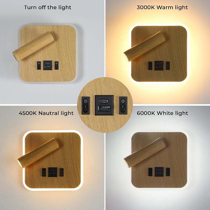 Wall Mounted Reading Lights with Plug in Wall Sconce&Hardwired | Wall Lamp for Bedroom With USB C+A Ports, Bedside Reading Lamp with 9W Night Light, Wood Color Reading Light Adjustable Angle