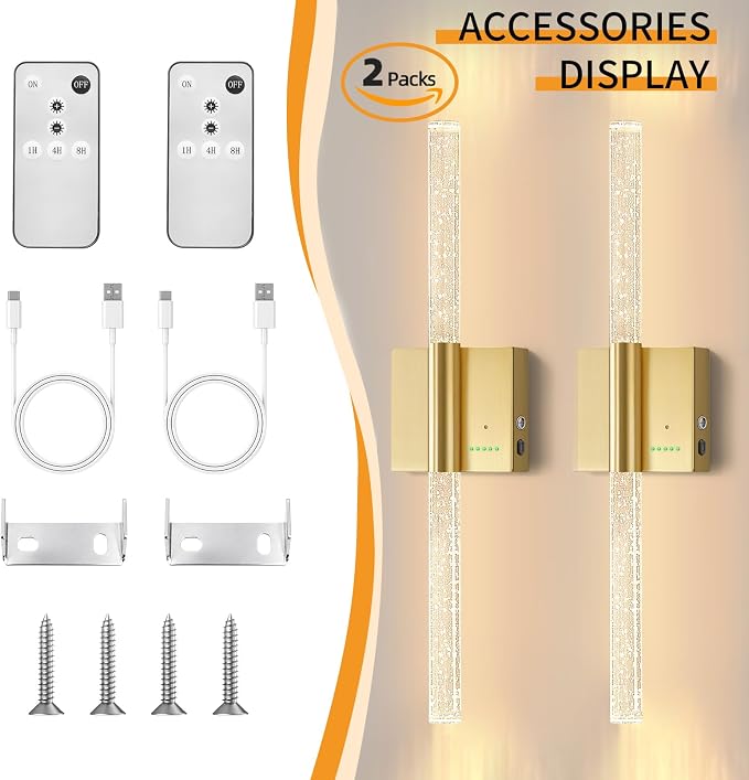28” Wall Sconces Set of 2, Rechargeable Battery Powered Wall Light | Extra Large 8000mAh Battery Operated Dimmable Led Lamp Fixtures with No Hardwired, for Bathroom Cabinet Study Room, Gold