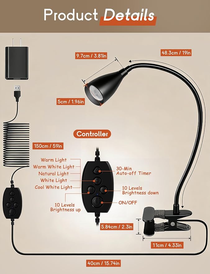 2 PCS Reading Light for Book in Bed,Clip on Light Reading Lamp with Adapter | 5 Color Modes 10 Brightness, Eye-Caring Clip on Desk Lamp Book Light for Reading in Bed Headboard Bedside Bedroom (Black)
