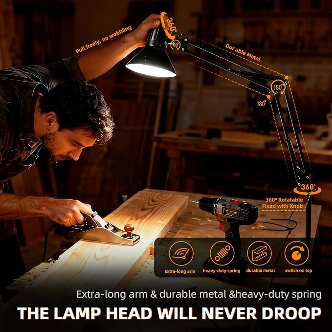 Black Desk Lamp with Clamp, Extra-Tall Adjustable Metal Swing Arm, 3000K | Manicurist Table Lamp for Nail Work, Drafting, Sewing, Crafting, College Dorm and Home Office, A19 Bulb Included