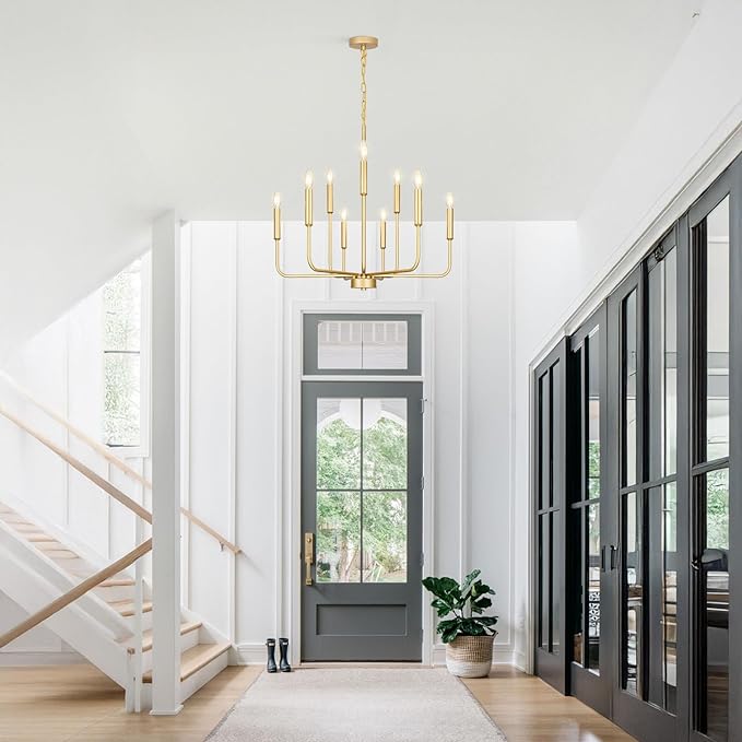 Gold Chandeliers for Dining Room Light Fixture Over Table, Modern Farmhouse Chandeliers for Living Room,9-Lights Industrial Metal Candle Lighting Fixtures for Entryway Kitchen Island Foyer