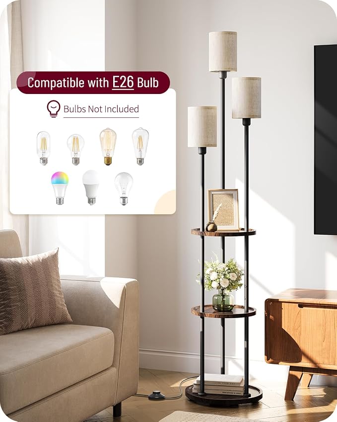 Floor Lamp with Shelves, 3-Light Floor Lamps for Living Room, Modern Standing Lamp with Linen Shades and Foot Switch, 66.1'' Tall Corner Lamp for Bedroom, Office, E26 Base, Walnut and Beige