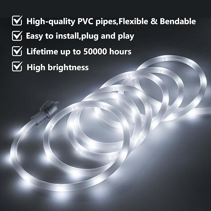 20ft Outdoor LED Rope Lights, Daylight White, 110V, Connectable, Waterproof, Flexible LED Rope Lighting for Indoor Outdoor Decoration, Garden, Patio, Bedroom,Party.