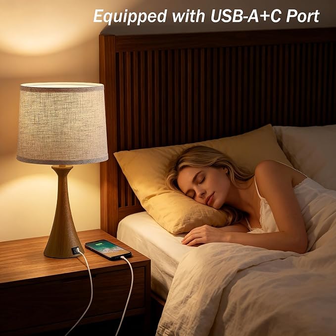 Touch Lamp for Living Room Bedroom, 21" Table Lamps Set of 2 with USB C+A Ports and Oatmeal Lamp Shades, Touch Bedside Lamps for Nightstand with 3 Way Dimmable, 2 LED Bulbs Included, Wood Grain