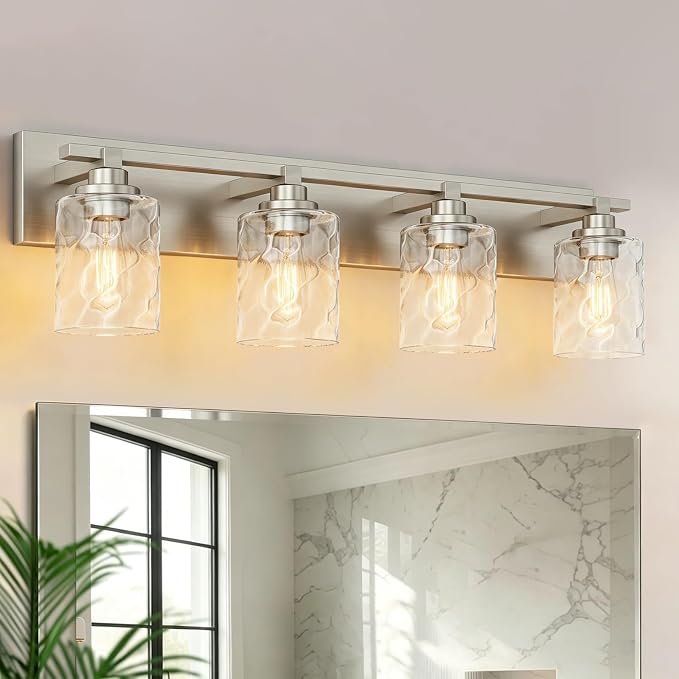 Modern Bathroom Lighting Fixtures Over Mirror, Vanity Lights for Bathroom, Wall Sconces with Clear Glass Shades, E26 Ceramic Socket, 4-Light 27.5-inch Brushed Nickel