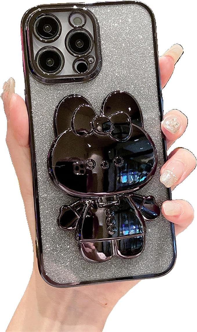Kawaii Phone Case for iPhone 16 Plus with Cartoon Foldable Makeup Mirror Silicone Protective Case Cover for Women & Girl Black