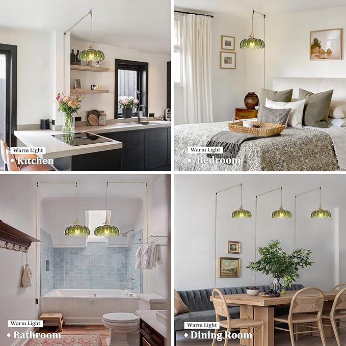 Plug in Pendant Light Hanging Light Fixtures with Plugin Cord On/Off Switch,Green Scindapsus Glass Lampshade Brass Pendant Light