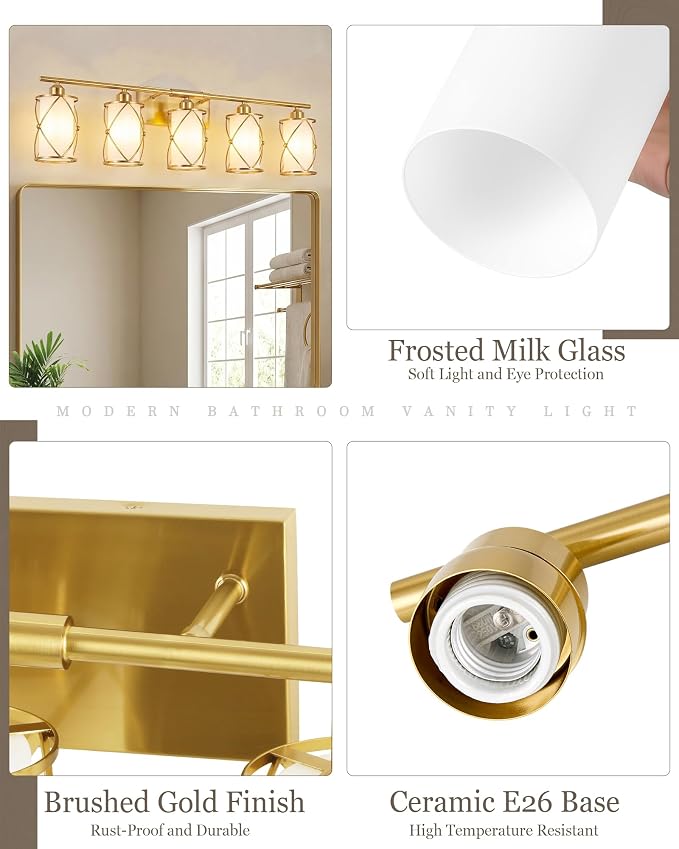 5-Light Brushed Gold Bathroom Light Fixtures Over Mirror, 38" UL-Listed Modern Wall Sconce Lights with Milk White Frosted Glass and Metal Cage for Bath, Hardwire E26, CH9176BGW-5W