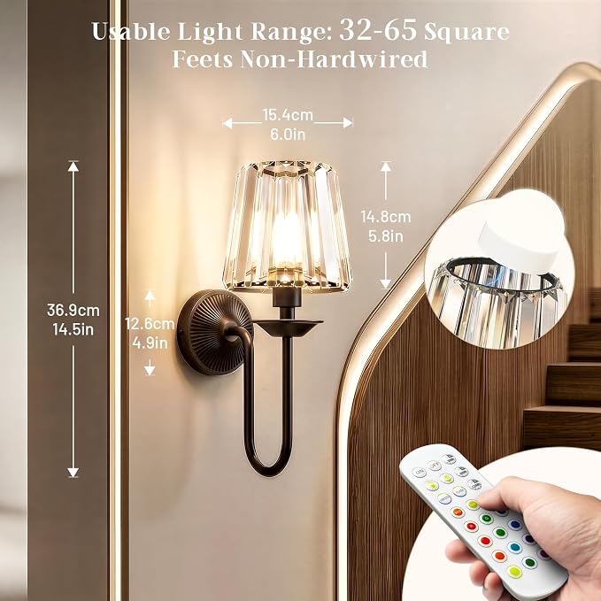 Black Battery Operated Wall Sconces Set of Two, Crystal Wireless Rechargeable Wall Lights with Remote, Dimmable 3 CCT and 12 RGB Cordless Wall Lamps for Bedroom Living Room Hallway Decor