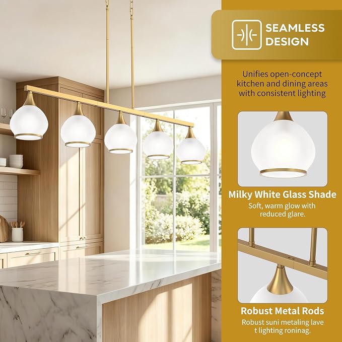 Kitchen Island Linear Pendant Light, 5-Light Gold Dining Room Chandelier with White Glass Globe Shades, Modern Linear Lighting Fixture Over Table