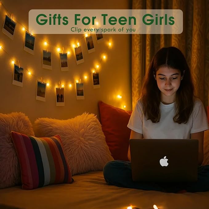 Teen Girl Room Decor with Photo Light: Battery Operated 33Ft 100LED Fairy Lights with Clips for Pictures with Timer, String Light with 50 Clear Clips for Christmas Bedroom Dorm Décor