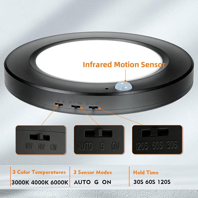 Motion Sensor Ceiling Light Wired PIR, 7.5 in Motion Sensor Light Indoor 3000K 4000K 6000K Selectable Light Fixture, 15W Motion Activated Light with Timer for Hallway Stair Walk-in Closet, Black