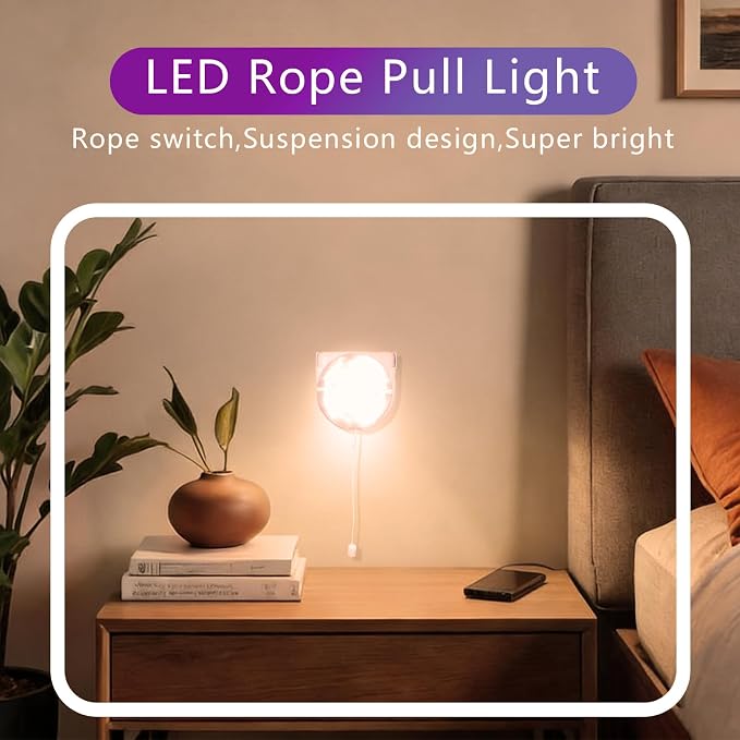 Stick up Closet Light Bulb, 2Pack Battery Operated Bulbs with Pull Chain | Zwesanii Wireless LED Lights Self Adhesive Wall Mounted Fixtures for Cabinet Bedroom Hallway, Clear Cover, Warm White,3W