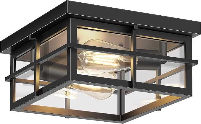 Asnxcju 2-Light Black Flush Mount Ceiling Light, Farmhouse Kitchen Lighting Fixtures with Clear Glass, Outdoor Porch Lights Ceiling Mount, Square Hallway Light Fixtures for Bedroom Living Room Balcony