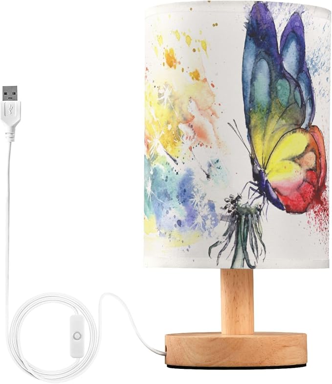 Table Lamp Paint Butterfly Dandelion Nightstand Lamp with Wood Base Fabric Lamp Shade Bedside Desk Lamp for Living Room Bedroom Kids Room Office