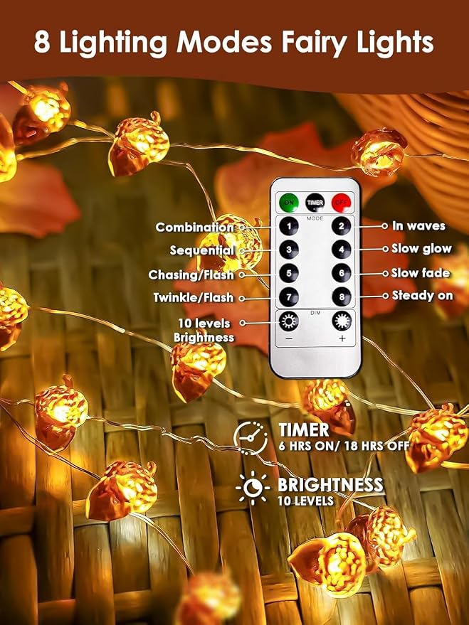 Acorn Fall Lights Battery Operated LED String Lights with Remote & Timer | 8 Modes, IP44 Waterproof, 10FT 30 LED Fall Fairy Lights Twinkle for Harvest Thanksgiving Halloween Party Indoor Outdoor Decor