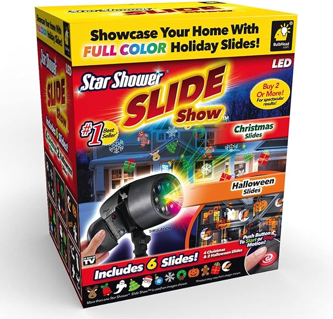 Star Shower Slide Show Full Color Projector Multi Purpose with 4 Christmas & 2 Halloween Slides Included. Weather-Resistant, Decorate for Holidays Quick & Easy.