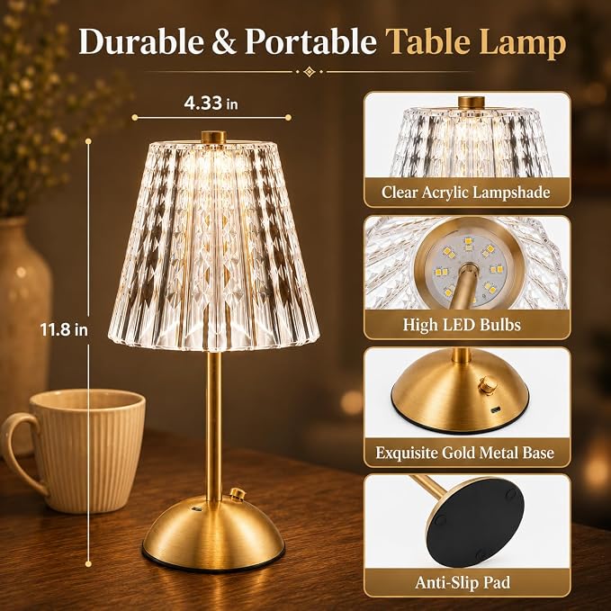 Cordless Gold Table Lamp Rechargeable Touch Desk Lamp with 3 Color Temps | Small Dimmable Table Lamp With Crystal - Battery Operated Nightstand Lamp for Bedroom/Dining Table/Restaurant/Kitchen/Bar