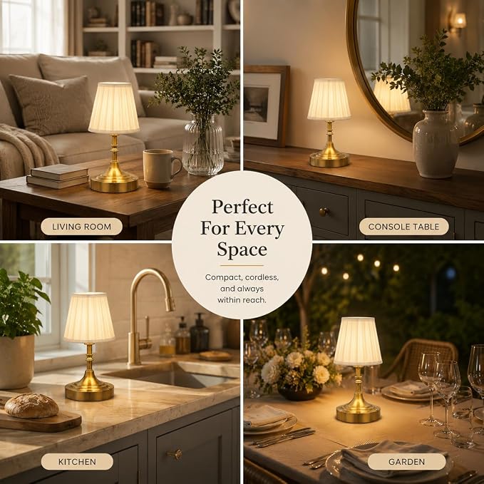 Gold Small Cordless Table Lamp Rechargeable,Mini Lamp - Kitchen Countertop | Battery Operated｜Touch Lamp｜Portable｜Restaurant Table｜Bookshelf | Counter Top ｜Wireless ｜Vintage｜Home Decor｜Farmhouse Boho