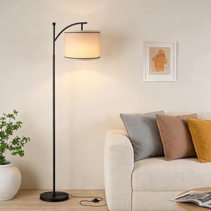 60" Floor Lamp for Living Room with 3 Color Temperatures, Beige Lampshade with Black Stripes, Tall Lamp for Bedroom Office, 9W Bulb Included