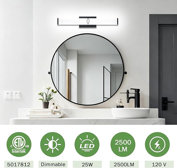 24 Inch Bathroom Vanity Light 2500LM, 5700K Daylight White Modern Bathroom Light Dimmable, AC 120V 25W Matte Black LED Vanity Lighting Fixtures Wall Sconce ETL Certified, 2Pack