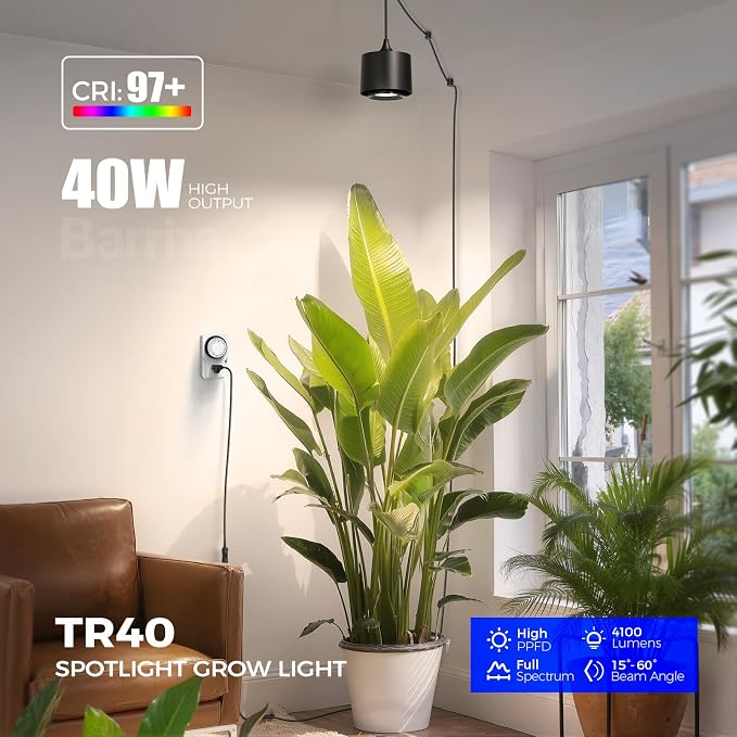 Barrina TR40 Hanging Grow Lights for Indoor Plant, 40W 4000K Full Spectrum | Adjustable Beam Angle 15°-60°, High PPFD, Mechanical Timer, Plant Lights for Indoor Growing for Large Tall Plants, Black