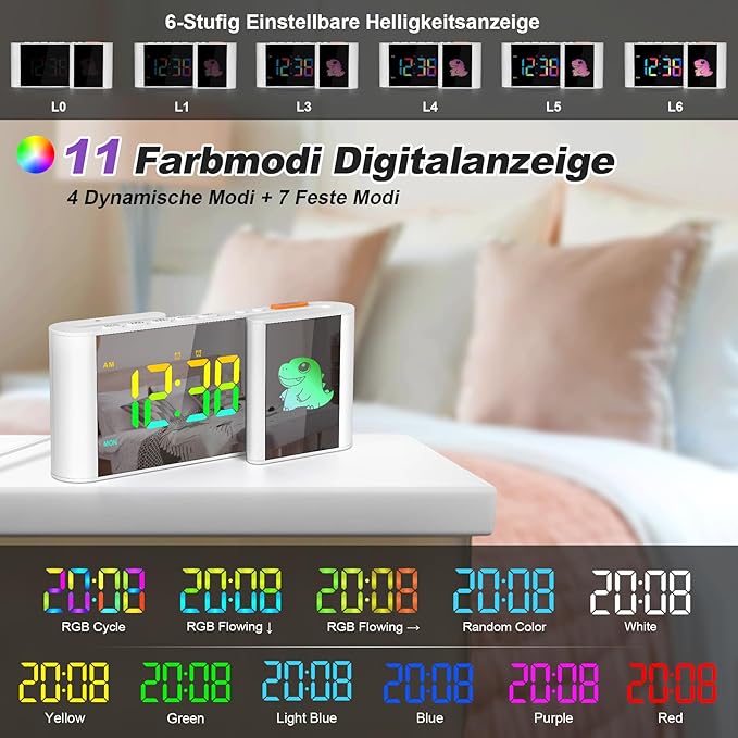 Alarm Clock,Alarm Clocks Bedside with Cute Cartoon,7.2''Large Mirror Clock,11 Colors Digital,10 Colors RGB Cartoon,Week Display,Auto Dimming,Dual Alarms,USB Port,5 Levels Volume for Bedroom Home Decor