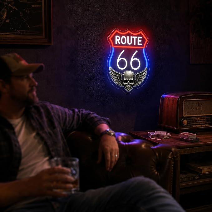 Route 66 Neon Sign Vintage LED Wall Decor Skull Wings Garage Man Cave Light