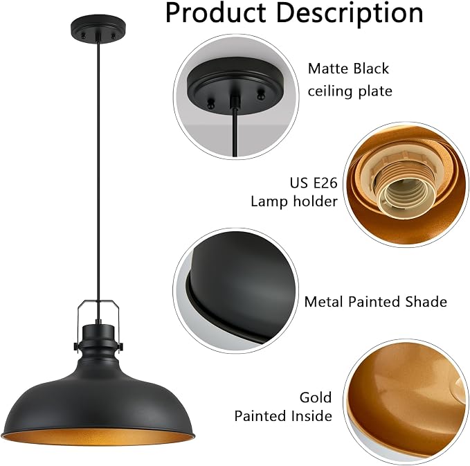 Black Farmhouse Pendant Lights for Kitchen Island 16 Inch | ETL Certificate,Industrial Adjustable Height Vintage Dome Hanging Light Fixtures for Barn,Dining Room 2 Pack