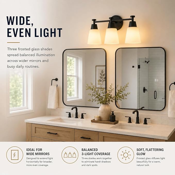 3 Light Bathroom Vanity Light, Modern Matte Black Stainless Steel Over Mirror Vanity Light Fixture with Frosted Glass, Wall Sconces Lighting for Bedroom Living Room