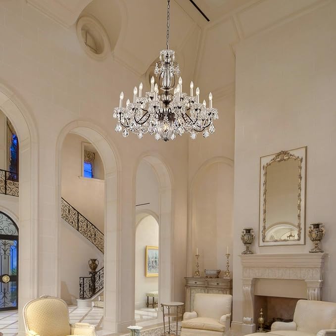 Vintage Crystal Chandelier 18-Lights Large Crystal Chandeliers for High Ceilings Brown Maria Theresa Chandelier Light Fixture for Living Room Hallway Hotel Banquet Hall Lobby Entrance Foyer Dia 37"