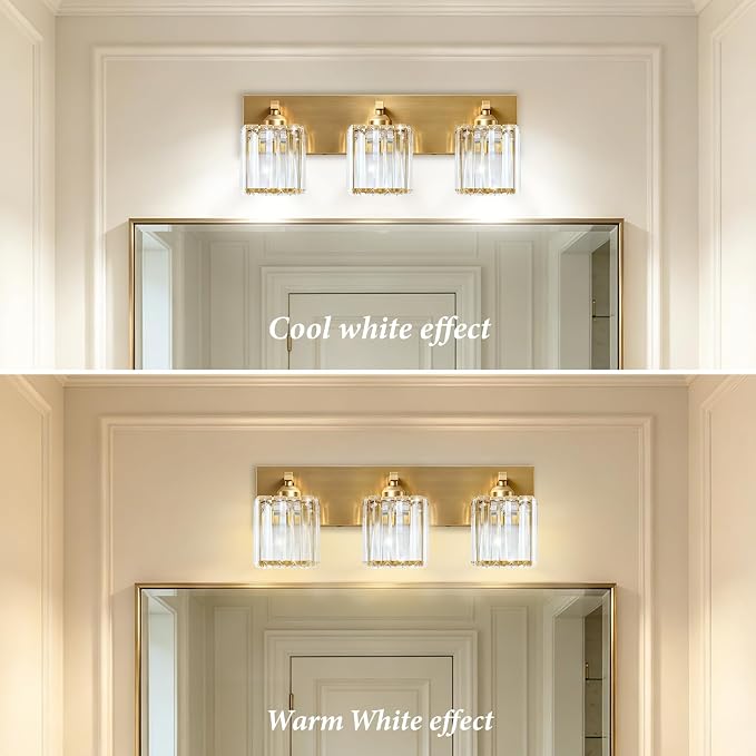 Gold Crystal Bathroom Vanity Light, 3-Light Modern Bathroom Lighting Fixtures Over Mirror,Chrome Wall Sconce Light Fixtures with Square Shade