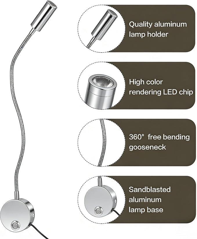Reading Light for Bed, Wall Mounted Reading Lights with 15" Flexible Gooseneck, Touch Control, 3 Colors Temperature and Stepless Dimmable, Plug in Headboard Book Light - Silver(2 Pack)