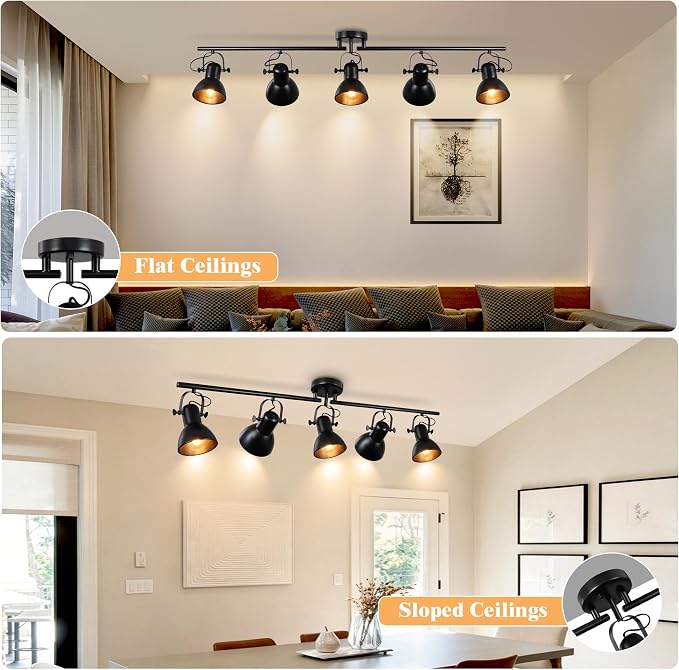 5-Light Kitchen Track Lighting Fixtures Ceiling, Black Semi Flush Mount Track Ceiling Light with 5 Flexibly Rotatable Lighting Heads Track Lighting Kit Ceiling Spot Lighting, Dia 47.24in