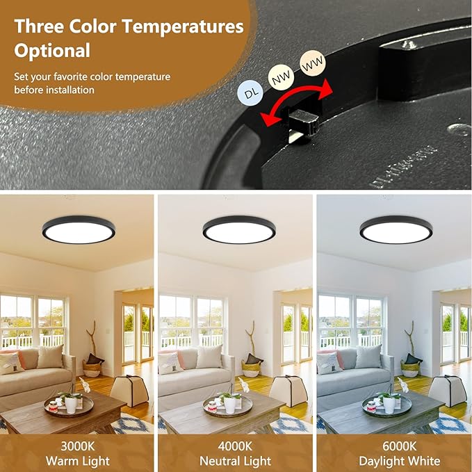 12PK 12 Inch LED Flush Mount Ceiling Light, 24W, 2520LM, 3000K/4000K/6000K CCT Selectable, 0.9inch Super Slim Black LED Ceiling Fixtures, Low Profile Round Flat Panel Light for Bedroom,Kitchen,Hallway