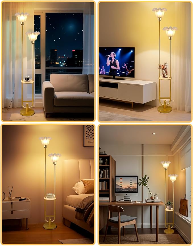 Lightdot Dimmable Flower Floor Lamp with Table for Living Room, Modern Mid Century Gold Metal Tall Standing Lamp with 5Lbs Heavy Base for Bedroom/Sofa Beside/Corner Decor (Bulb Included)