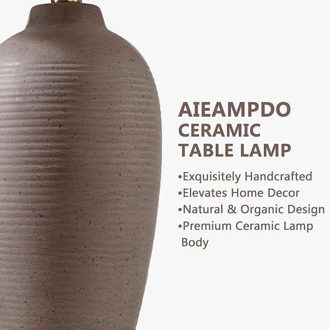 AIEAMPDO 25" Farmhouse Ceramic Table Lamp for Bedroom Living Room | Rustic Bedside Lamp with Linen Shade and Traditional Rotary Switch, Neutral Nightstand Lamp for Office, Bulb Included