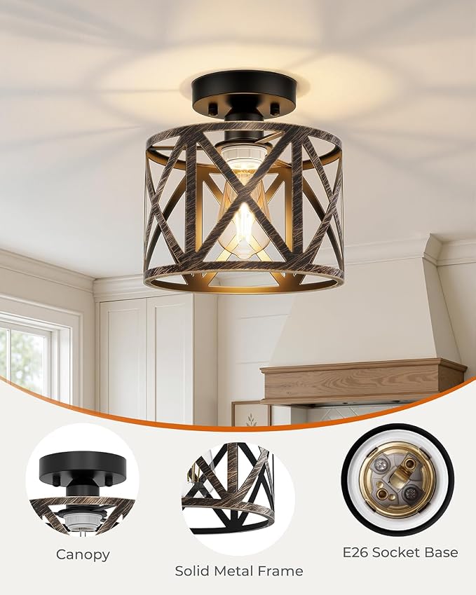 Farmhouse Semi Flush Mount Ceiling Light Fixture E26 Metal Cage Industrial Ceiling Lighting for Kitchen, Bedroom, Foyer, Entryway, Laundry Room, Dining Room, Hallway 8 Inch Gold
