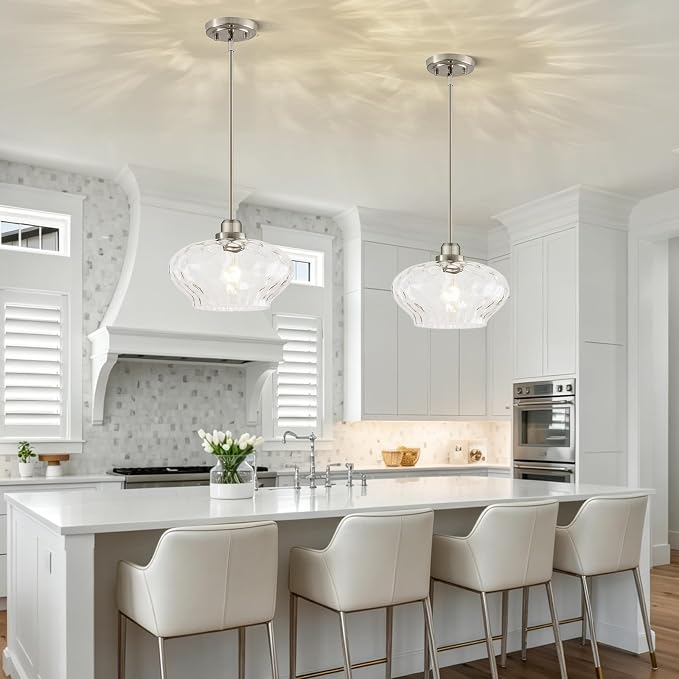 Modern Pendant Lights Kitchen Island, Brushed Nickel Pendant Light Fixtures with 11" Clear Hammered Glass Shade, Industrial Hanging Pendant Lights Fixture for Kitchen Island Dining Room Hallway Foyer