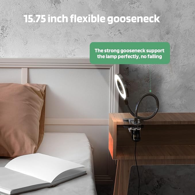Glorious-LITE Clip on Light 36 LED Eye Caring Reading Light for Bed Black | 360° Flexible Gooseneck, With 4 Color Modes, Dimmable Book Light for Bed, Desk, Headboard, USB Powered, With 59inch USB Wires