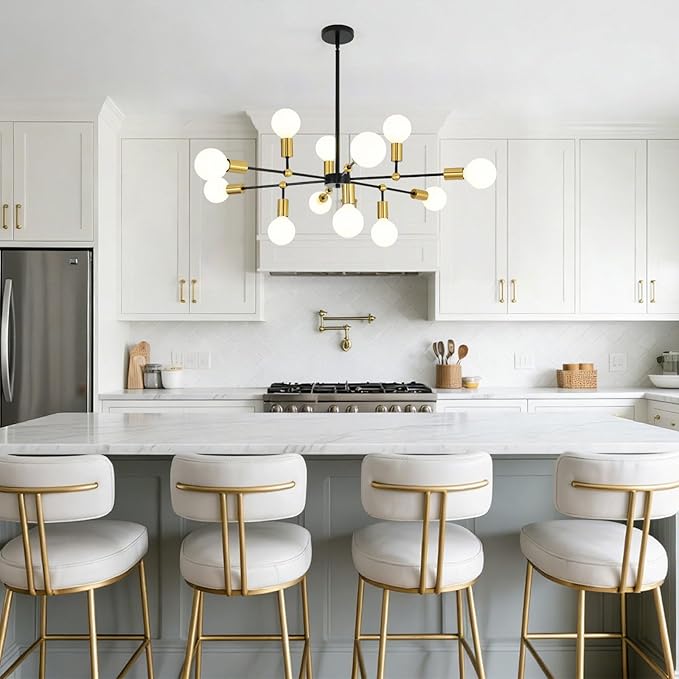 Modern Chandeliers for Dining Room with 12-Lights Adjustable Height Black and Gold Pendant Lights Kitchen Island Sputnik Chandelier for Living Room Bedroom Foyer Entryway