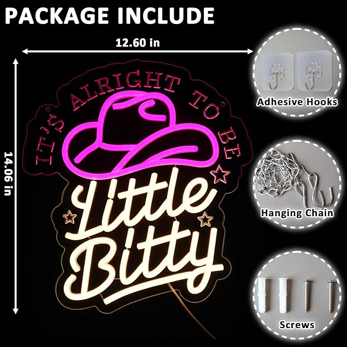 It's Alright To Be Little Bitty Neon Sign for Wall Decor Dimmable Cowboy Hat Led Sign for Bedroom Neon Light for Western Farmhouse Nursery Decor Home Baby Shower Party Gift for Kids Girls