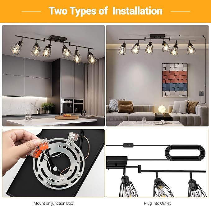 6-Light Plug in Track Lighting with Power Cord, Black (No Bulbs) | Plug in Ceiling Light Flush Mount, LED Track Lighting Fixtures for Kitchen Farmhouse, E26 Track Light Kit with Metal Cage