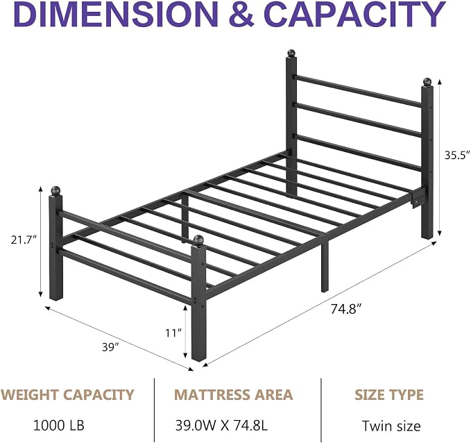 CollaredEagle Twin Bed Frame with LED Lights and Charging Station, Black | Twin Size/ Metal Frame/ Built-in Charging Station/ RGB LED Lights/ Noise-Free/ 10.8 inch Under-Bed Storage
